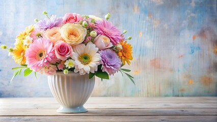 A colorful bouquet of flowers with pastel shades and soft petals arranged in a elegant vase, gift, delicate flowers, fresh cut flowers, home decor, garden flowers