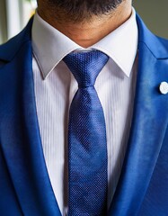 blue business suit with necktie on mannequin, closeup