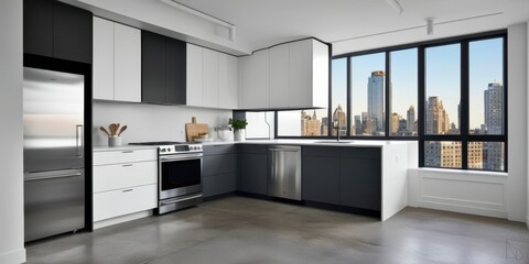 Modern minimalist kitchen, white and gray cabinets, stainless steel appliances, city skyline view, large window, sleek design, open concept, marble flooring, pendant lights, urban apartment, contempor