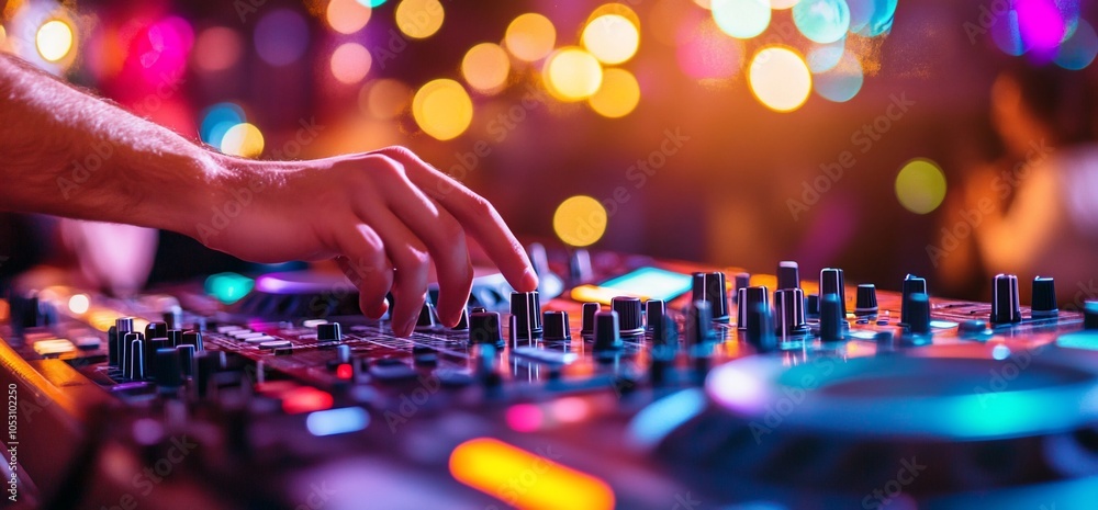 Poster dj hand adjusting the mixer during a live performance with colorful lights in the background.