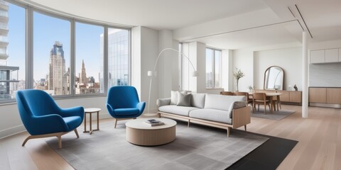 modern luxury apartment interior, panoramic windows, city skyline view, blue accent chairs, white sofa, round coffee table, pendant light, hardwood floors, exposed brick wall, minimalist decor, high-e