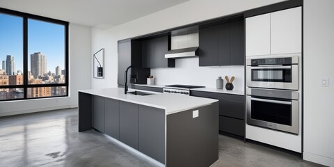 Modern minimalist kitchen, white and gray cabinets, stainless steel appliances, city skyline view, large window, sleek design, open concept, marble flooring, pendant lights, urban apartment, contempor