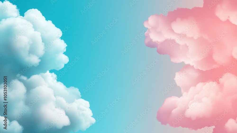 Poster a serene blend of blue and pink clouds against a softly gradient sky, creating a calming and dreamy 