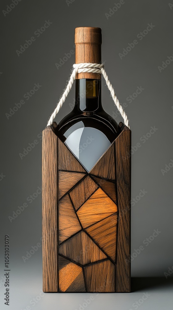 Poster a single bottle of red wine is displayed in a handcrafted wooden box with a geometric pattern.