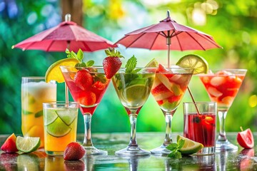 A colorful umbrella floating in a glass of fruity cocktail with ice and garnishes surrounding it, party decoration, fun accessories, beverage, umbrella, tropical drink