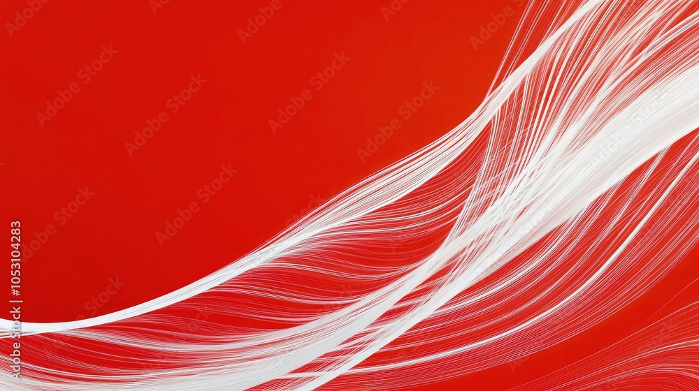 Poster thin white curved lines flowing in a wave-like pattern over a bold red background, giving a sense of