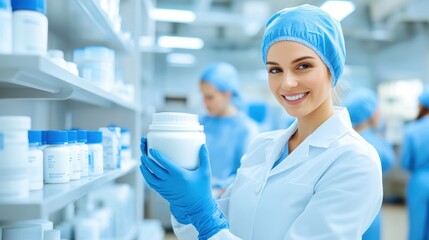 Fototapeta premium A cheerful pharmacist holding a container in a modern pharmacy, showcasing a professional and organized pharmaceutical environment.