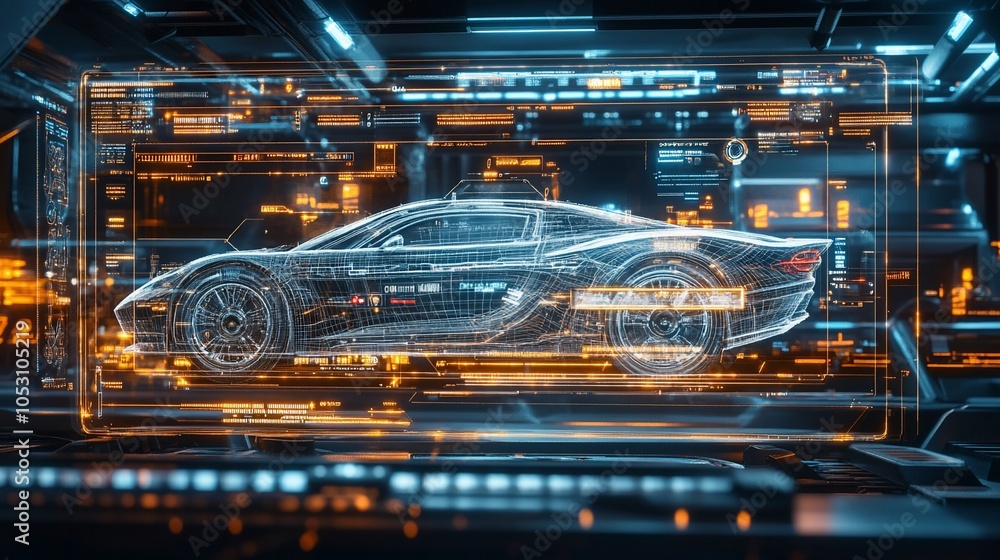 Aufkleber Futuristic car design visualized in a digital interface with glowing lines and abstract shapes.