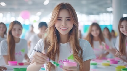 A cheerful young woman paints with a brush in a vibrant workshop, surrounded by others engaging in fun creative activities.