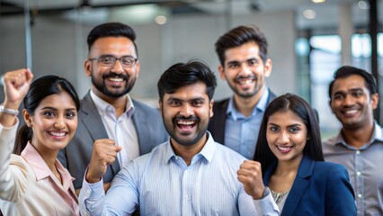 Obraz premium A group of Indian professionals celebrating a milestone, with a soft blur of the office behind. 