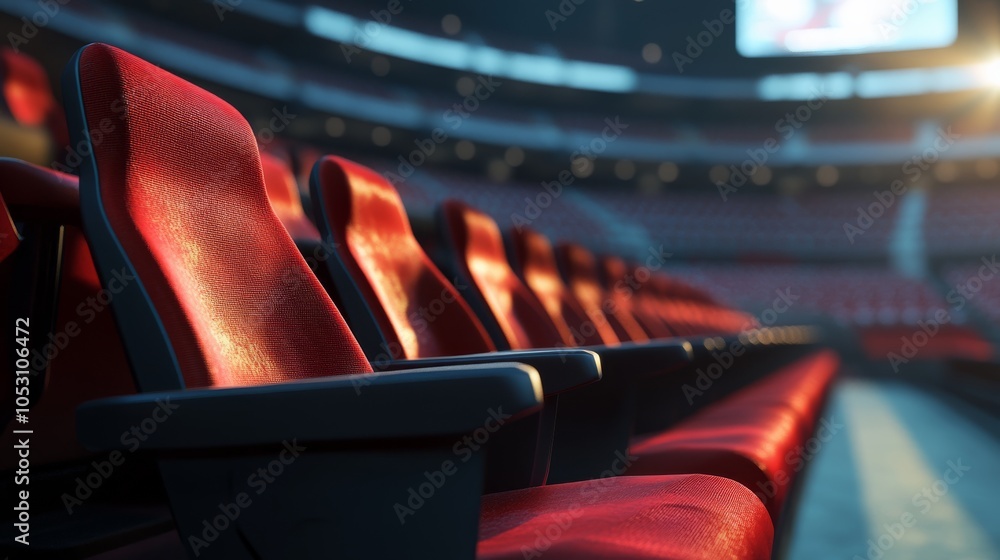 Poster a perspective view of red theater seats in an arena, highlighting empty rows and soft lighting that 