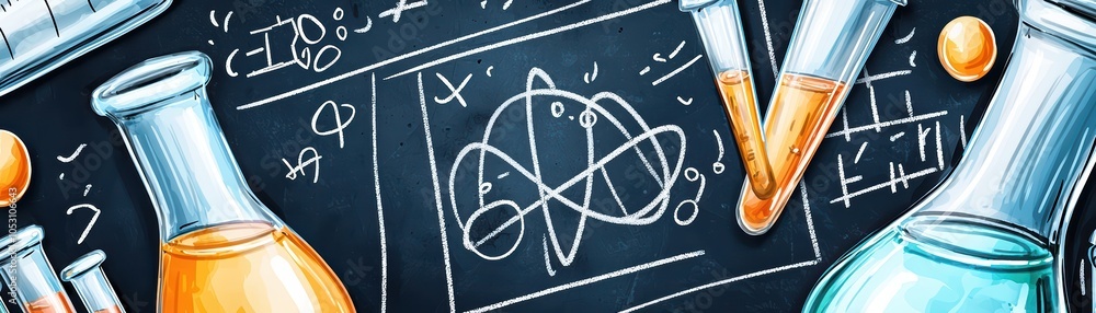 Poster colorful laboratory instruments on a dark background with scientific drawings and graphs.