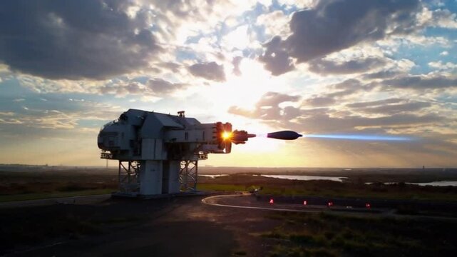 Advanced missile defense system intercepting incoming missiles with precision lasers, set against a dramatic sky