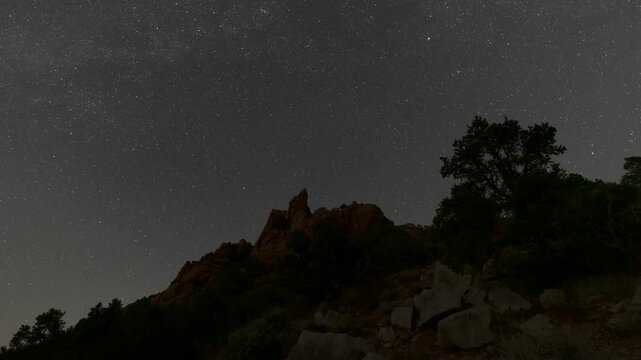 4k time lapse video of moon light fading to dark night on a steep mountain slope covered with juniper trees below towering red cliffs and wheeling stars in a remote part of Zion Nat. Park, Utah, USA. 