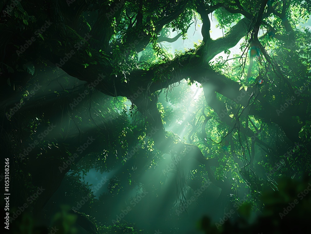 Poster mysterious jungle canopy sunlight filtering through dense greenery in a serene forest scene