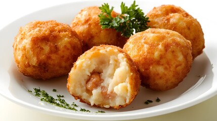 A serving of korokke, deep-fried croquettes filled with mashed potatoes or ground meat.

