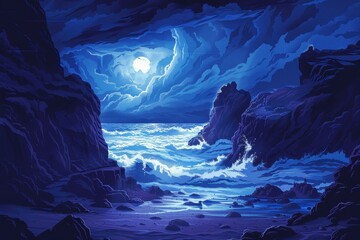 Moonlit Coastal Cliffs with Raging Waves