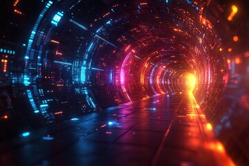 Obraz premium Futuristic neon tunnel with glowing lights.