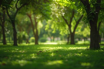 Obraz premium Beautiful green lawn in the park with sunlight and bokeh