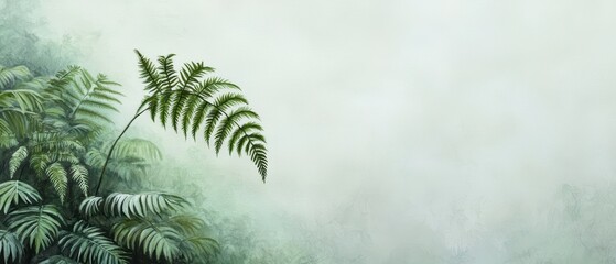 Lush green ferns against a soft, misty background creating a tranquil and serene atmosphere.