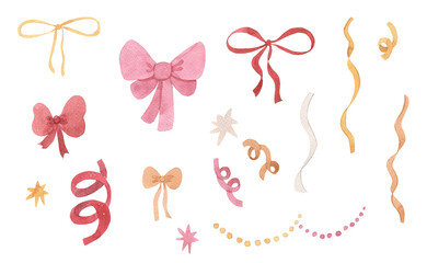 Watercolor hand drawn bows, ribbon, tape illustration for kids