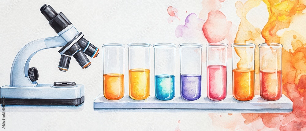 Aufkleber microscope and colorful test tubes in a laboratory setting with abstract splashes of color.