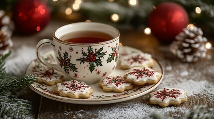 Fototapeta premium A festive Christmas table featuring a hot cup of tea, holiday-themed cookies with icing, and glowing string lights, set against a snowy background, soft lighting adding warmth,