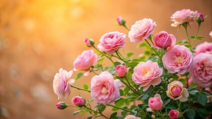 A delicate pink rose bush in full bloom against a warm beige background, beauty, branches, spring, flowers, bloom