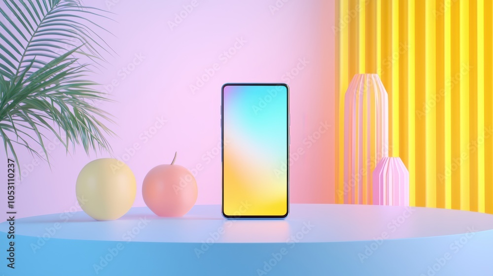Poster modern smartphone on a colorful table with fruits and decorative elements in a vibrant setting.