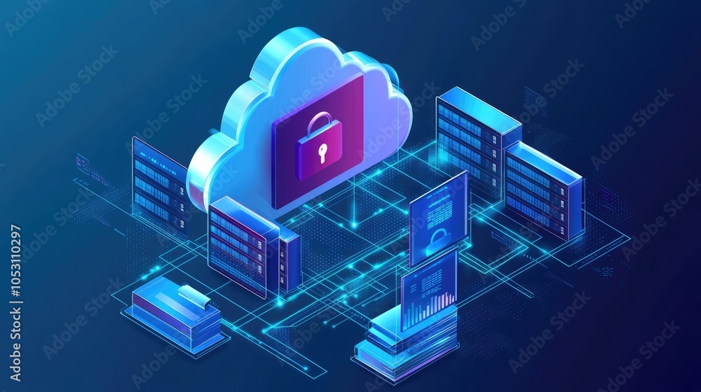 Poster cloud-based cybersecurity system visualized with digital locks and secure files