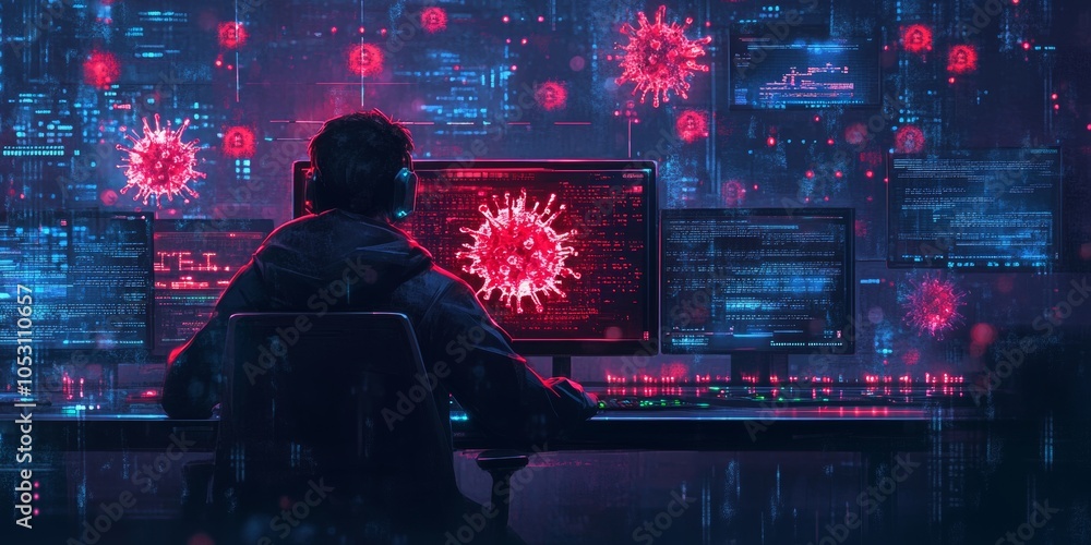 Poster digital intrusion, a hacker at a control panel unleashes a virus into the network, vibrant effects a