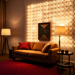 A room with a couch lamps and a wall of lights