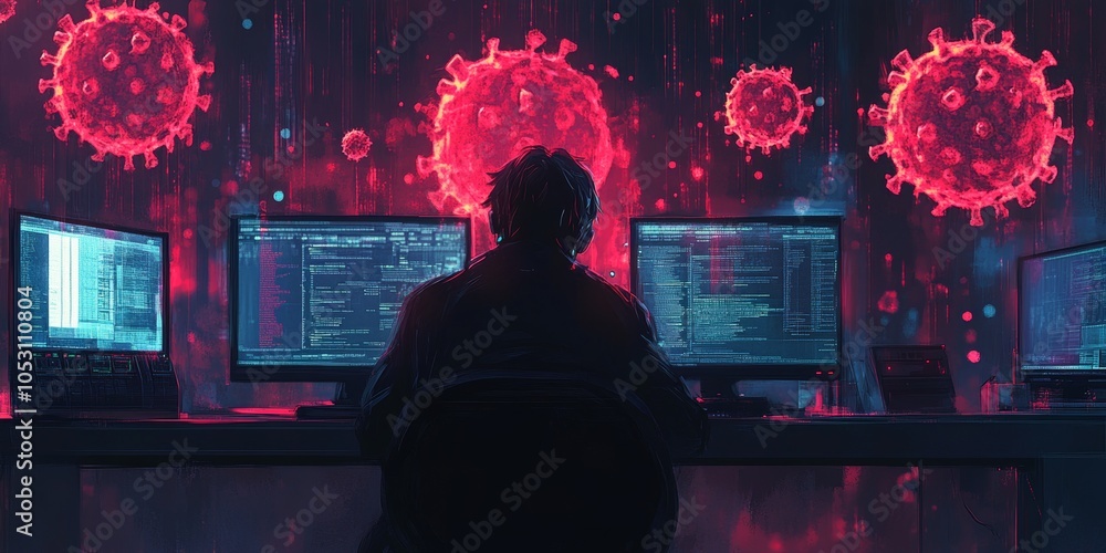Poster digital intrusion, a hacker manipulating a control panel, unleashing a virus into the network, vibra