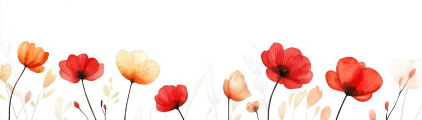 A vibrant illustration of red and peach poppy flowers lined against a white background, creating a fresh and airy atmosphere.