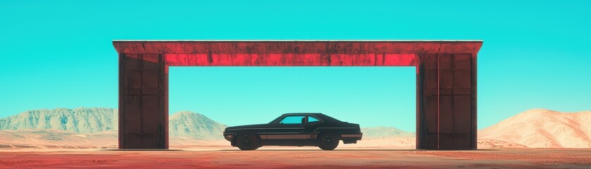Silhouette of a classic car under a modern structure in a desert landscape with bright blue sky.