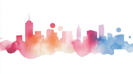 Fototapeta premium A vibrant watercolor city skyline featuring abstract shapes and soft blending colors of pink, orange, and blue.