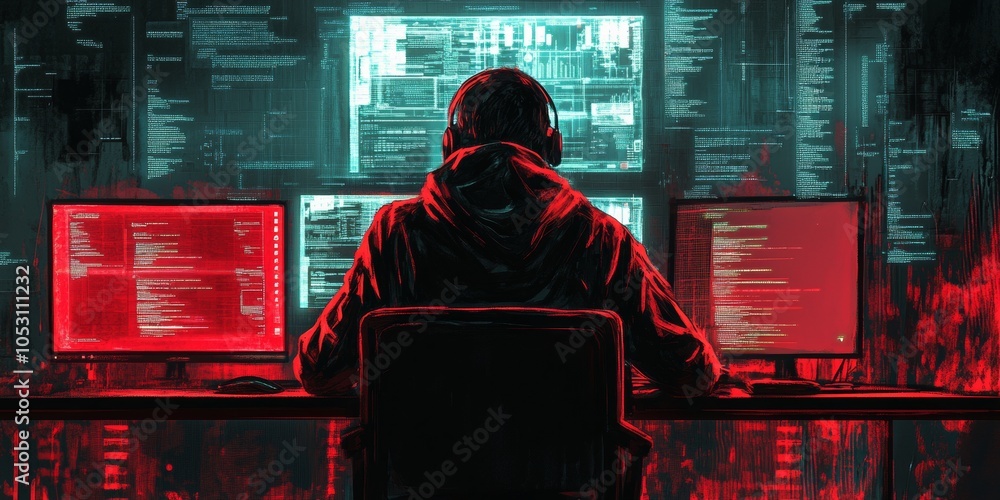 Poster digital intrusion, a hacker at a control panel unleashes a virus into the network, vibrant effects a
