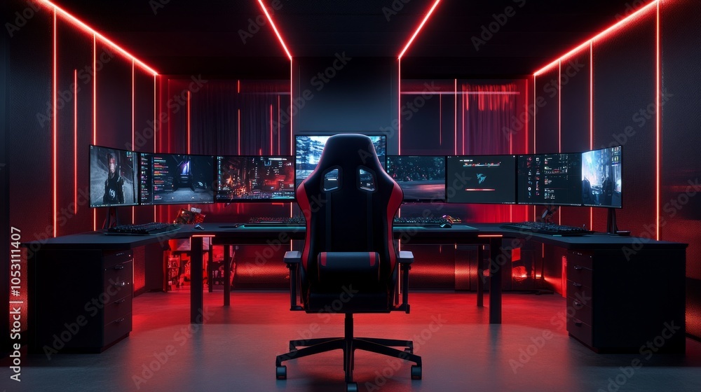 Poster minimalist gaming chair setup with multiple monitors displaying a live stream, bright rgb lighting f