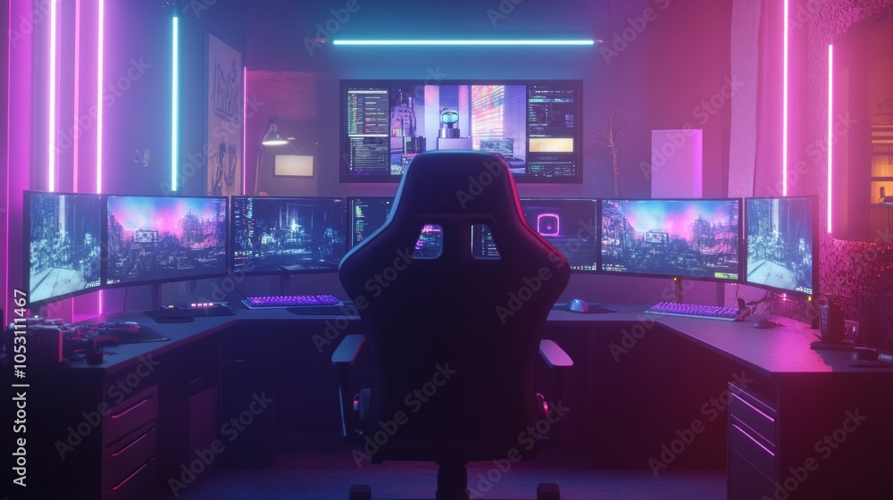 Poster minimalist gaming chair setup with multiple monitors displaying a live stream, bright rgb lighting f