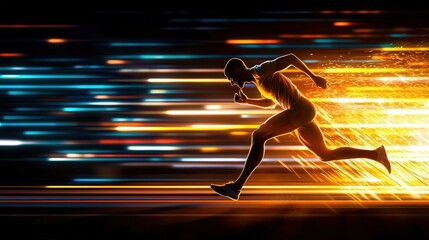 Dynamic Sprinting Athlete in Motion with Vibrant Light Trails Representing Speed and Energy