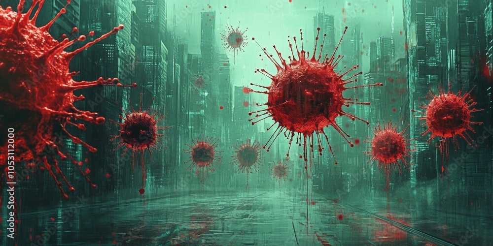 Poster digital chaos unleashed, a hacker's view of a virus attack disrupting a virtual world, chaos embodie