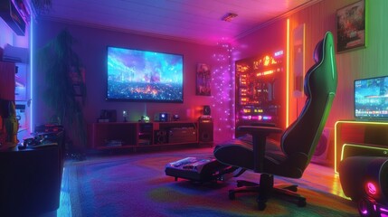 RGB-lit room featuring a gaming chair and video stream on screen, colorful lights reflecting off the furniture.