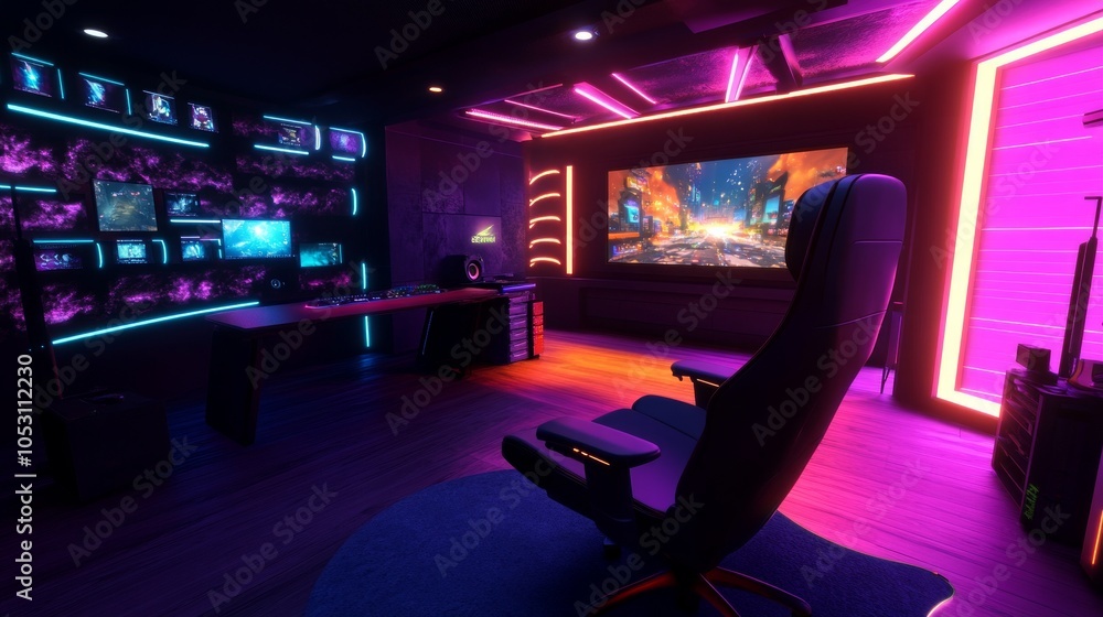 Poster streamer setup with gaming chair and colorful rgb room lighting, video game stream running on a larg