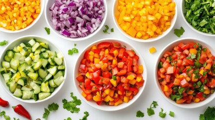 Diced Vegetables in White Bowls with Fresh Cilantro