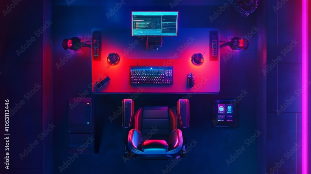 Poster top-down view of a gaming chair and setup with vibrant rgb lights, screen displaying a live chat str