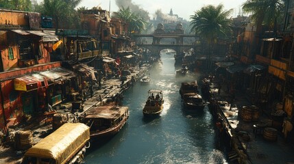 A Narrow Waterway Cutting Through a Densely Populated Tropical City