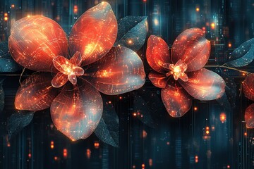 Two glowing, orange flowers with blue leaves against a digital, dark blue background.