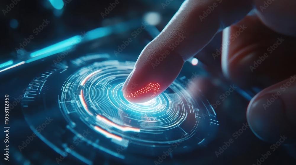 Poster fingerprint and iris scanner unlocking a futuristic device
