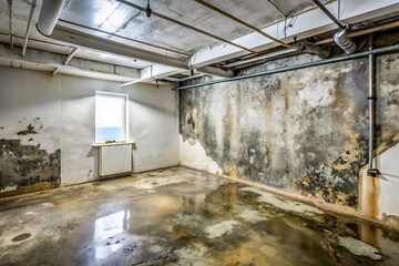 Basement with water damage and black mold on wall