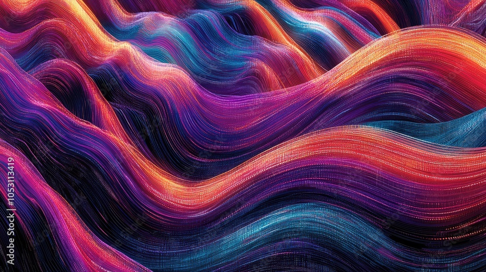 Poster futuristic data stream landscape with vibrant lines representing cybersecurity and digital flow
